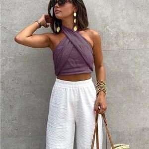 Purple Cotton & Linen Crisscross Halter Tank Top